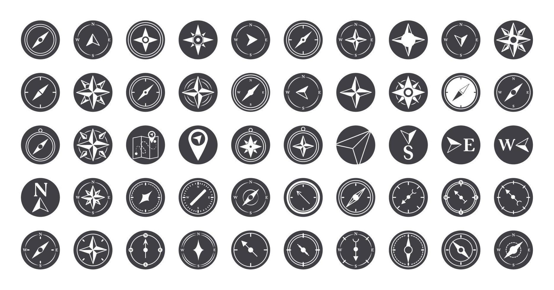 kompass reste sig navigering kartografi resa utforska Utrustning ikoner uppsättning silhuett design ikon vektor