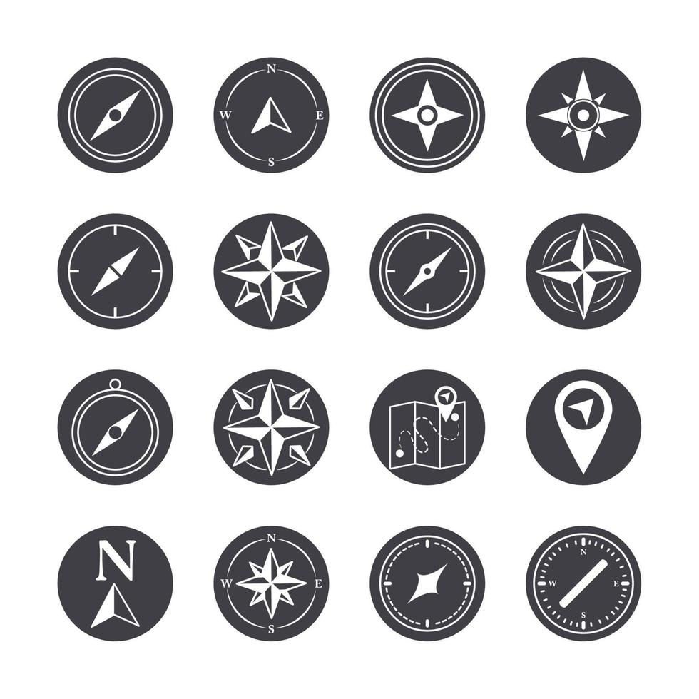 Kompassrose Navigation Kartographie Reisen erkunden Ausrüstung Symbole Set Silhouette Design-Ikone vektor
