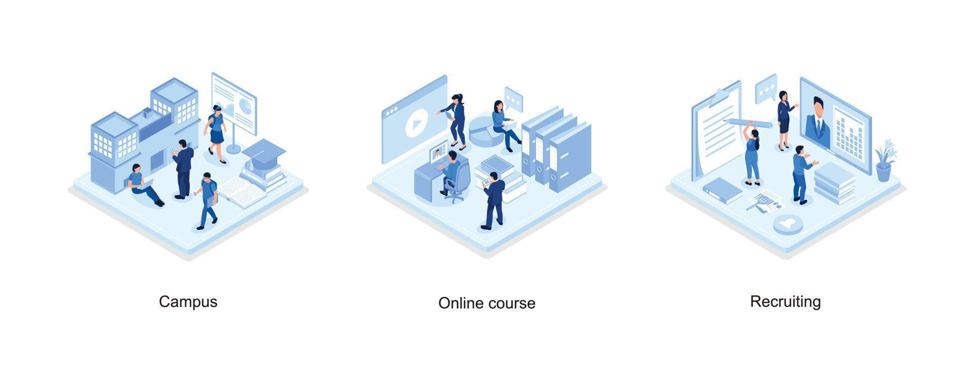 studenter i universitet campus begrepp med text plats, uppkopplad utbildning begrepp med text plats, rekrytering begrepp baner med karaktär, uppsättning isometrisk vektor illustration