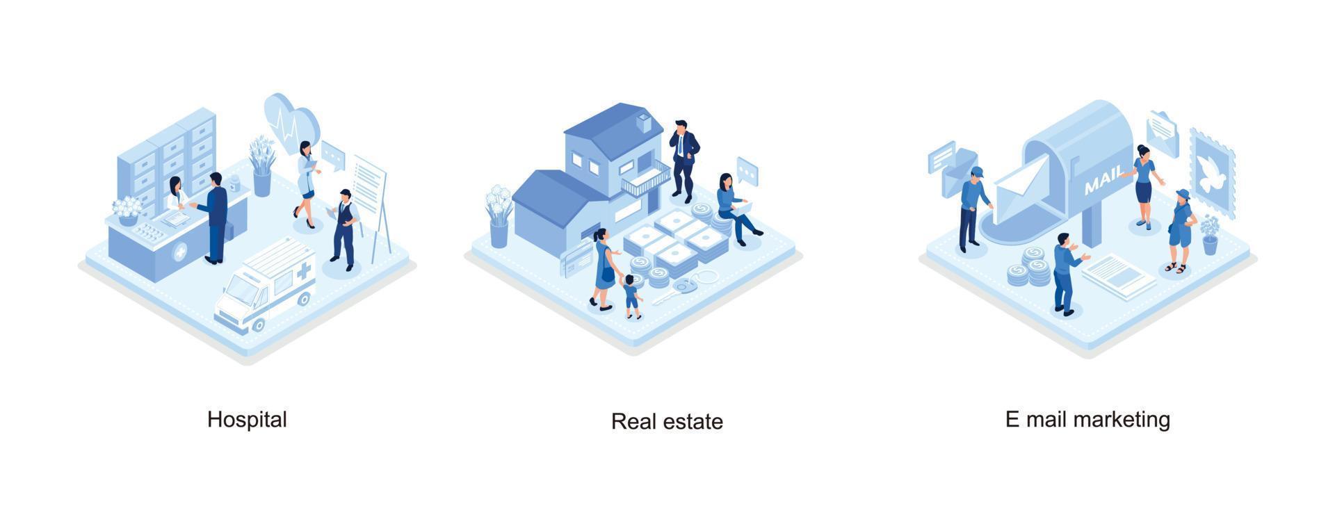 sjukhus byggnad och ambulans bil, människor investera pengar i verklig egendom fast egendom, människor tecken stående nära Brevlåda och sändning mejl, uppsättning isometrisk vektor illustration
