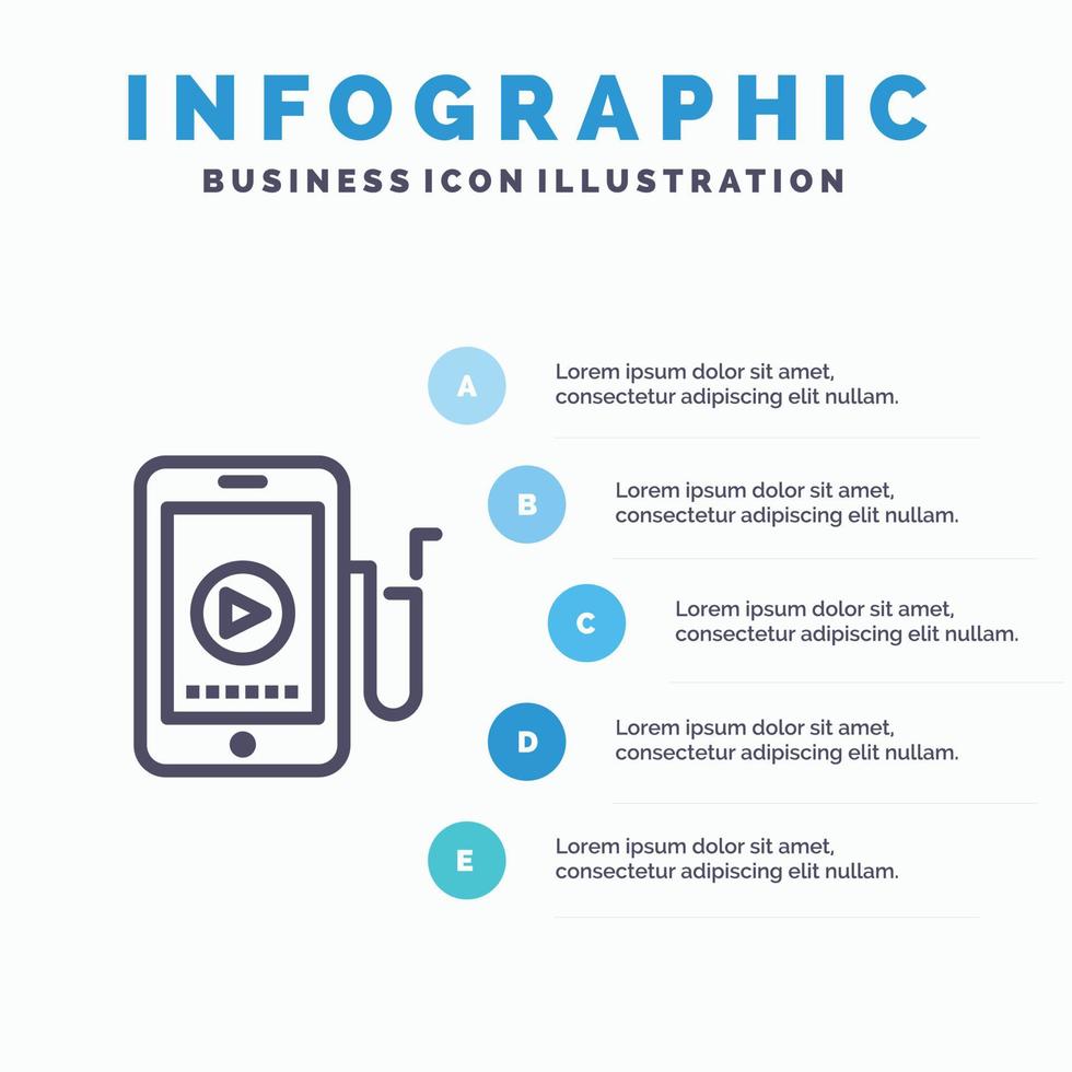 musik mobil cell utbildning blå infographics mall 5 steg vektor linje ikon mall