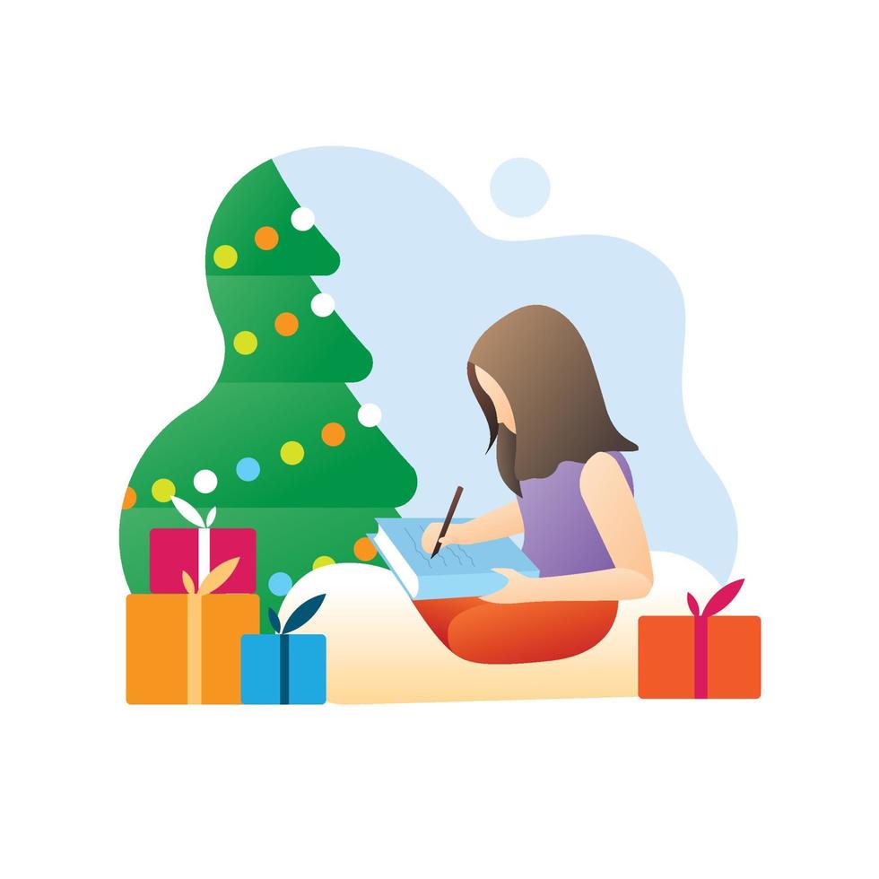 flicka dekorera jul träd med hälsning kort och gåva lådor vektor