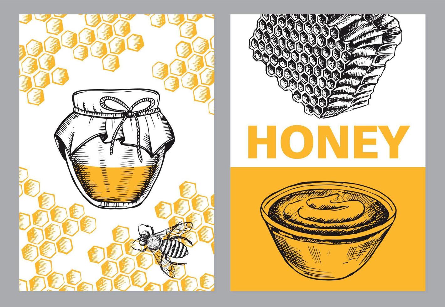 Honig- und Bienen-Flyer-Set, handgezeichnete Illustrationen. Vektor. vektor