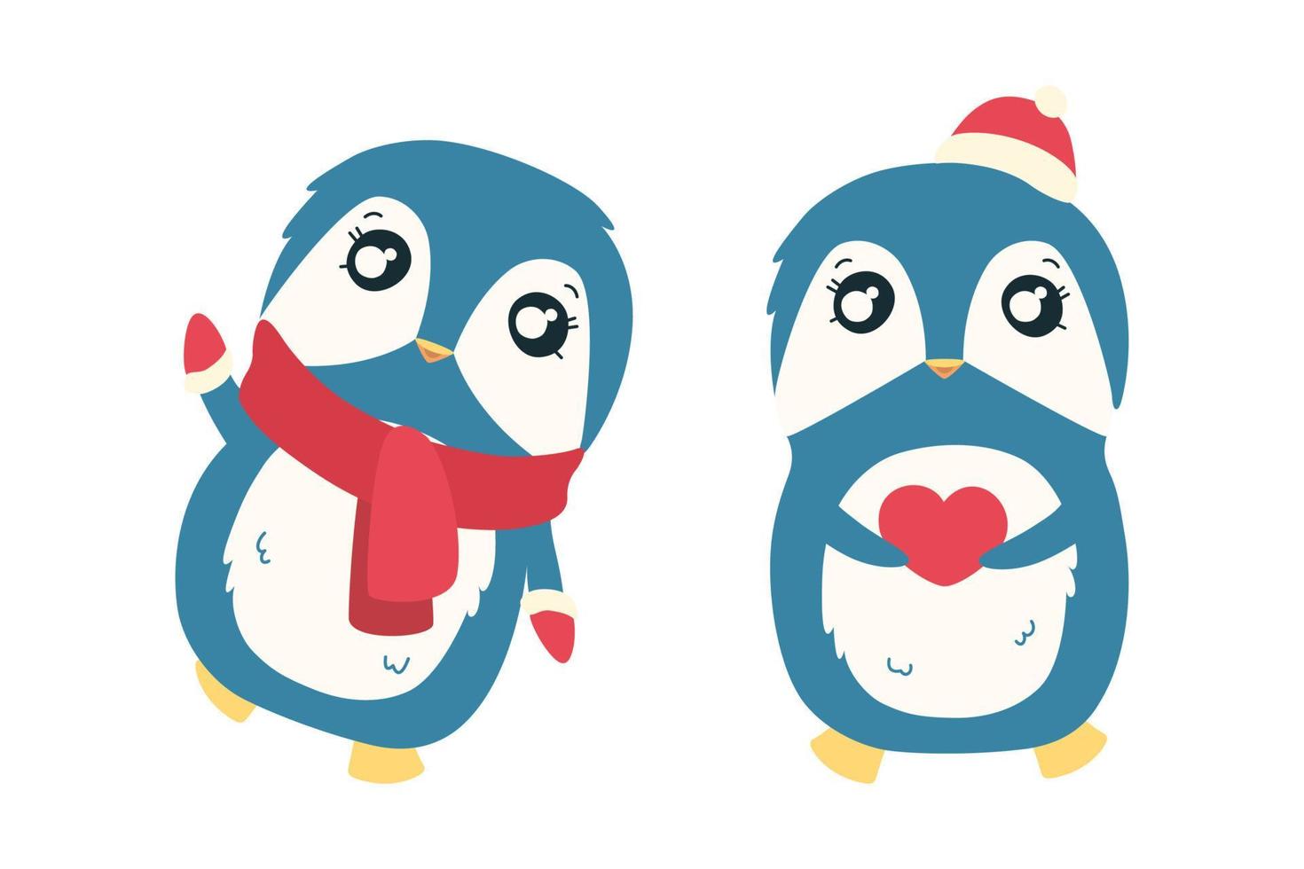 pingvin i röd vantar och hatt. söt jul pingvin karaktär. vektor illustration