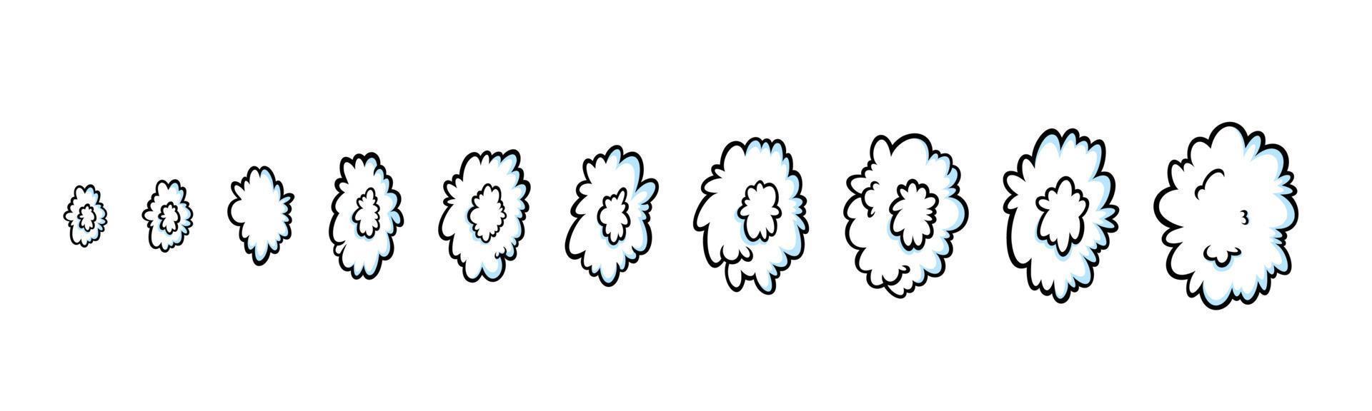 ånga ringar i komisk stil. växande rad av runda moln av ånga eller rök för cigarr, cigarett eller snabbt rörelse. vektor illustration