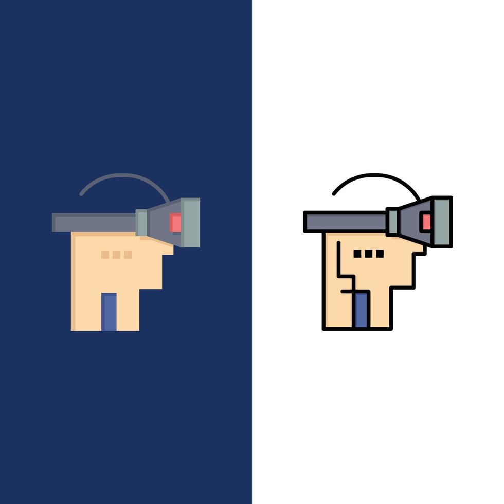 Virtual-Reality-Headset-Technologie-Icons flach und Linie gefüllt Icon Set Vektor blauen Hintergrund