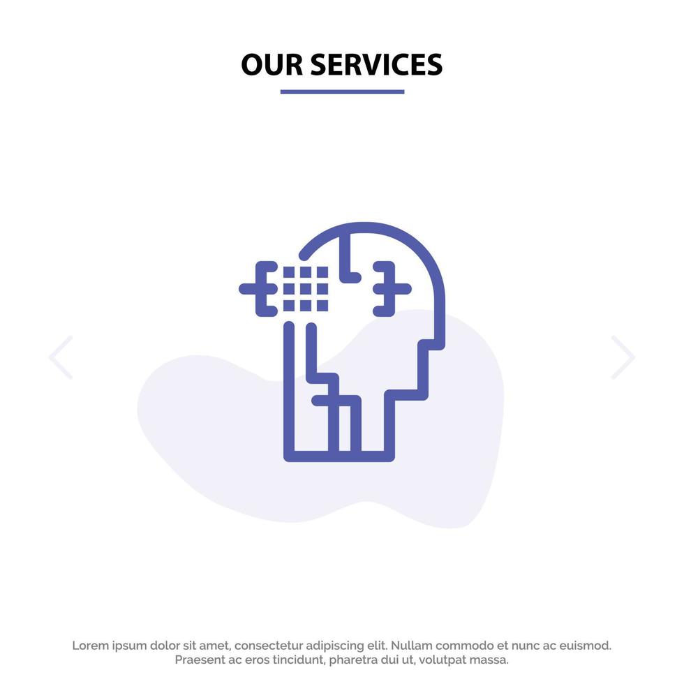 unsere dienstleistungen künstlichen menschlichen mann kopf solide glyph icon web card template vektor