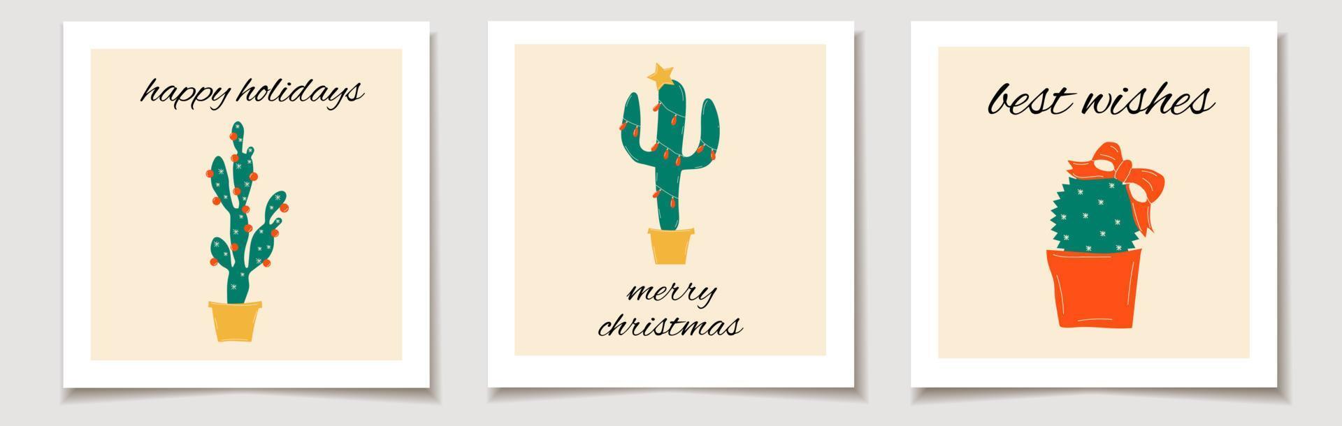 jul vektor gåva kort eller märka uppsättning kaktusar med festlig kransar glad jul text, bäst lyckönskningar.