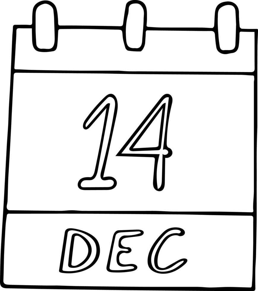 Kalenderhand im Doodle-Stil gezeichnet. 14. dezember. affentag, datum. Symbol, Aufkleberelement für Design. Planung, Geschäftsurlaub vektor