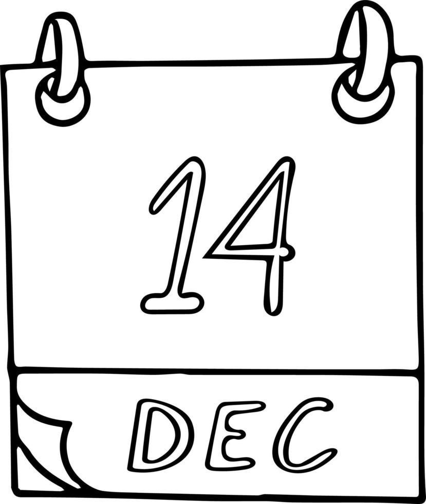 Kalenderhand im Doodle-Stil gezeichnet. 14. dezember. affentag, datum. Symbol, Aufkleberelement für Design. Planung, Geschäftsurlaub vektor