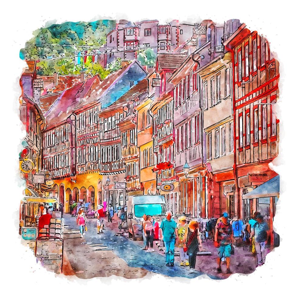 miltenberg altstadt deutschland aquarellskizze handgezeichnete illustration vektor