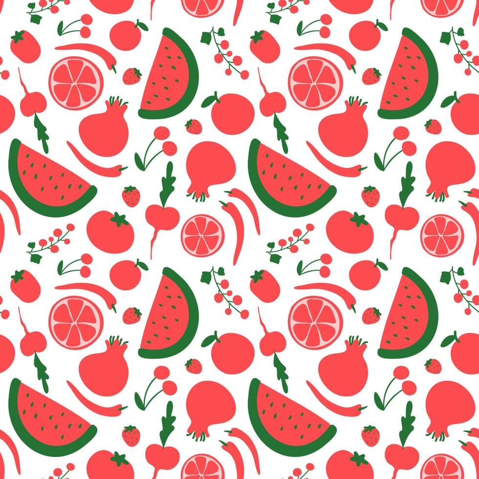 sömlös mönster med hand dragen röd frukt grönsaker bär. färsk klotter körsbär äpple rödbeta vattenmelon tomat granatäpple chili. vegetarian friska bruka lokal- organisk mat vektor illustration
