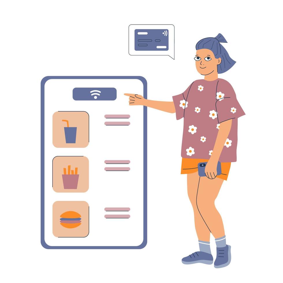 generation z flicka väljer mat på skärm och håll smartphone. ung kvinna poäng kontaktlös betalning knapp. betalning förbi kort eller elektronisk pengar begrepp. barn och teknik vektor illustration.