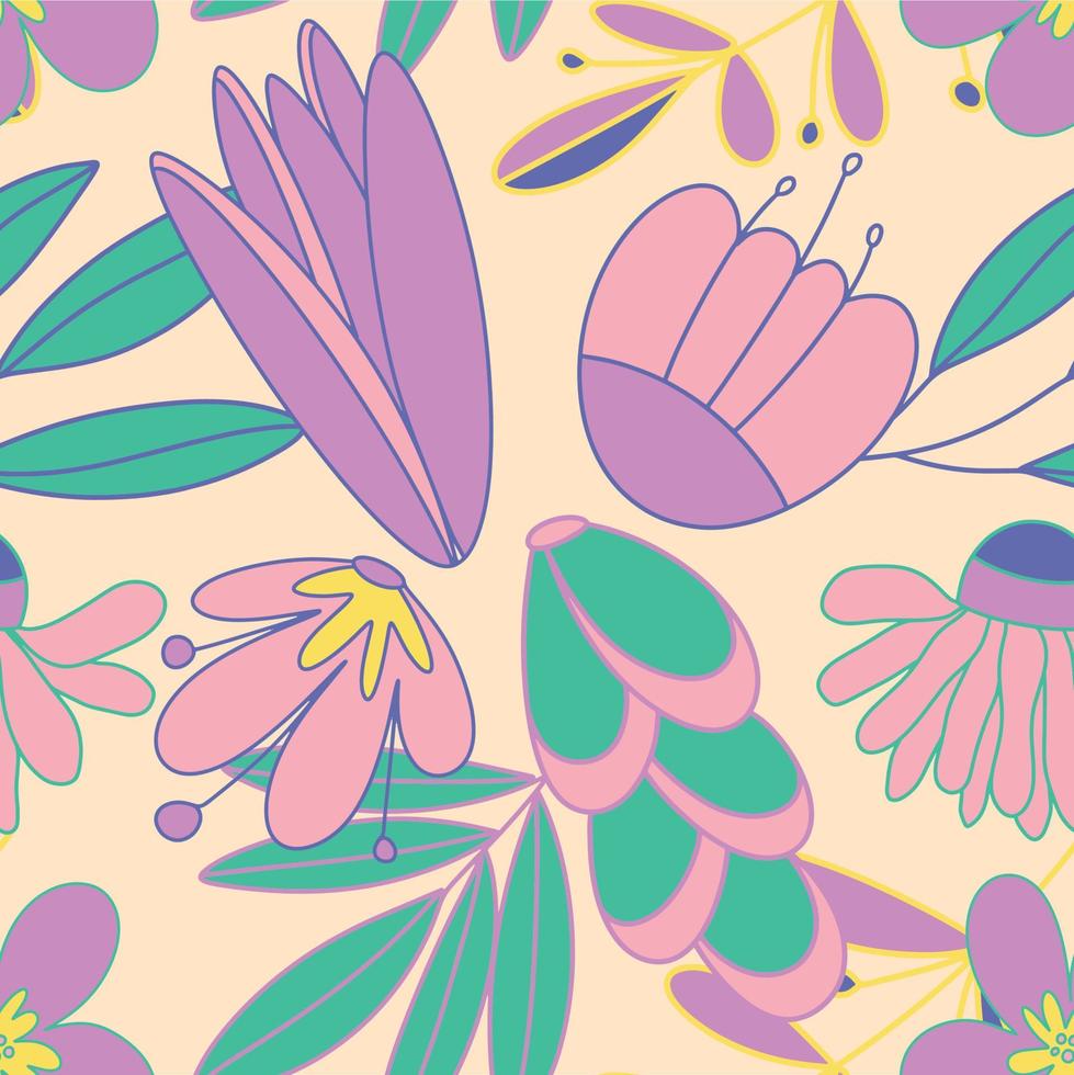 blommig sömlös mönster för dekorativ design. vektor design. vektor tyg sömlös mönster. blommig bakgrund i rosa lila färger. trädgård botanisk tapet.