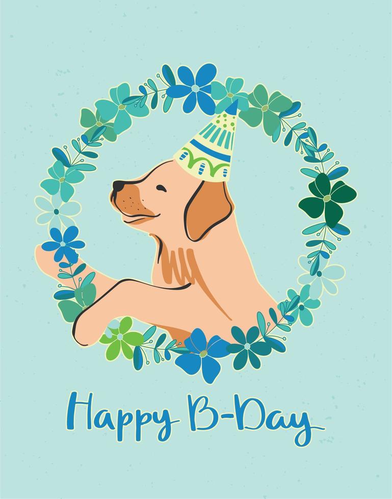 schöne postkarte mit einem labrador-welpen in einer festlichen mütze in einem blumenkranz auf blauem hintergrund. kreative vektorillustration. alles gute zum geburtstag design. Partydekoration. vektor