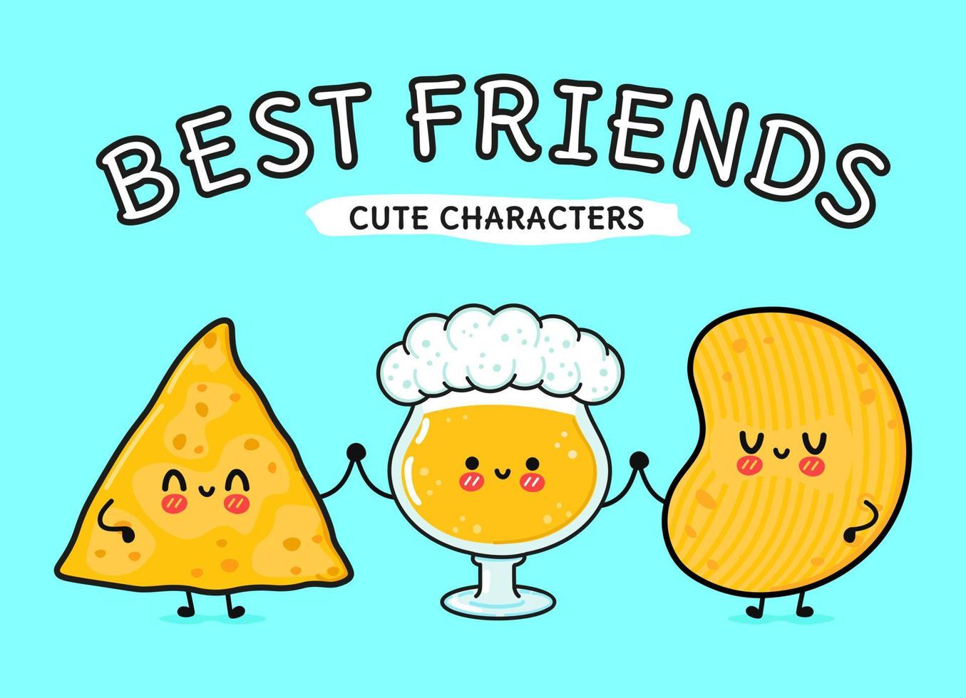 süßes, lustiges fröhliches glas bier, nachos und chips. Vektor handgezeichnete kawaii Zeichentrickfiguren, Illustrationssymbol. lustiges glückliches karikaturglas bier nachos chips maskottchen freunde emoji, kind, baby, gesicht