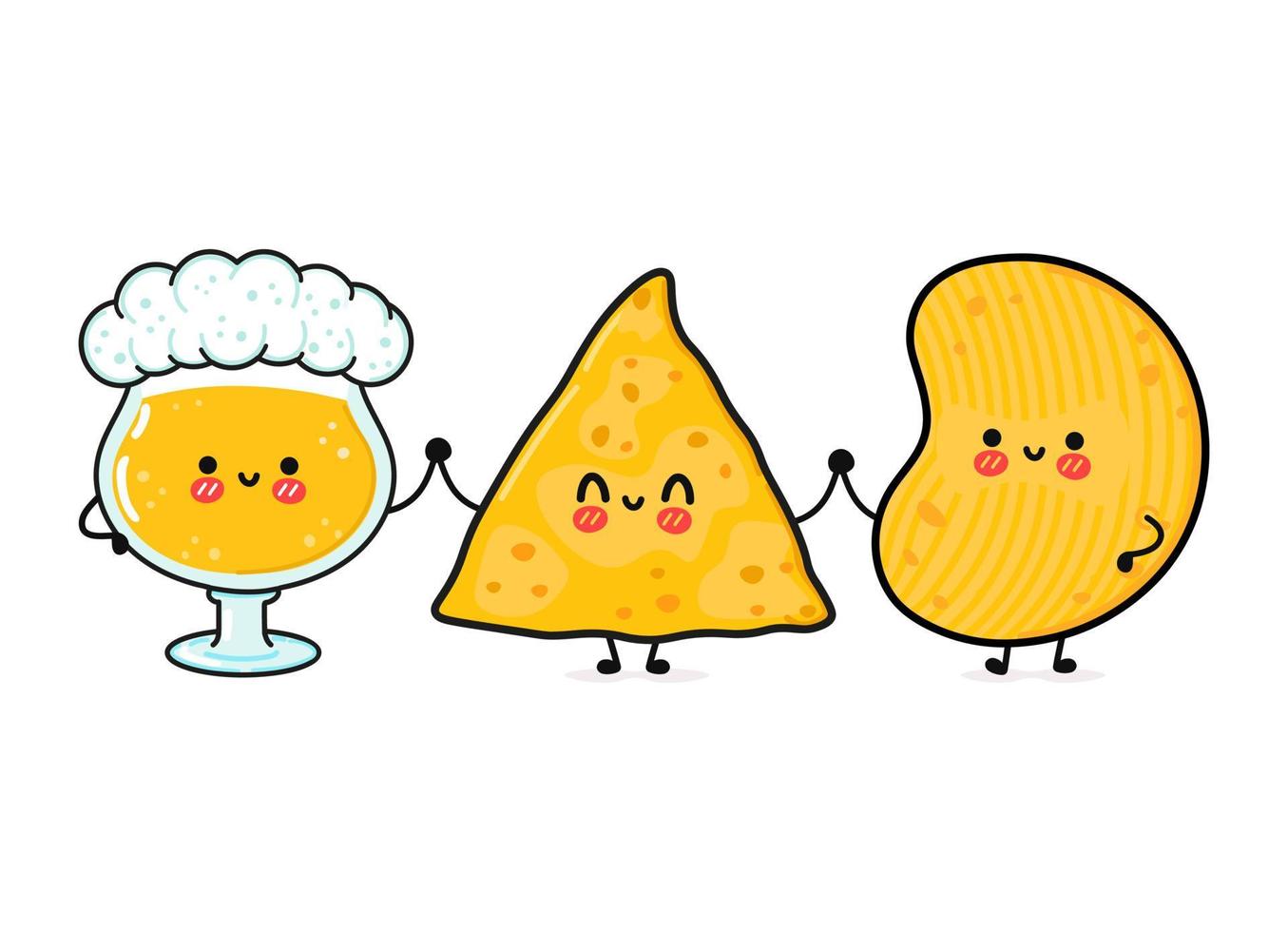 süßes, lustiges fröhliches glas bier, nachos und chips. Vektor handgezeichnete kawaii Zeichentrickfiguren, Illustrationssymbol. lustiges glückliches karikaturglas bier nachos chips maskottchen freunde emoji, kind, baby, gesicht