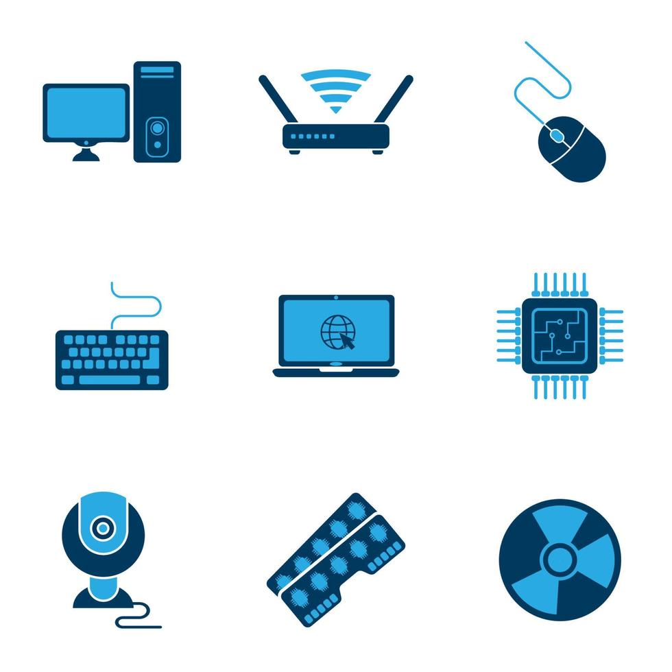 Computer-Ersatzteil-Icon-Vektor-Set. Enthält RAM, CPU, Monitor, Maus, Tastatur und mehr vektor