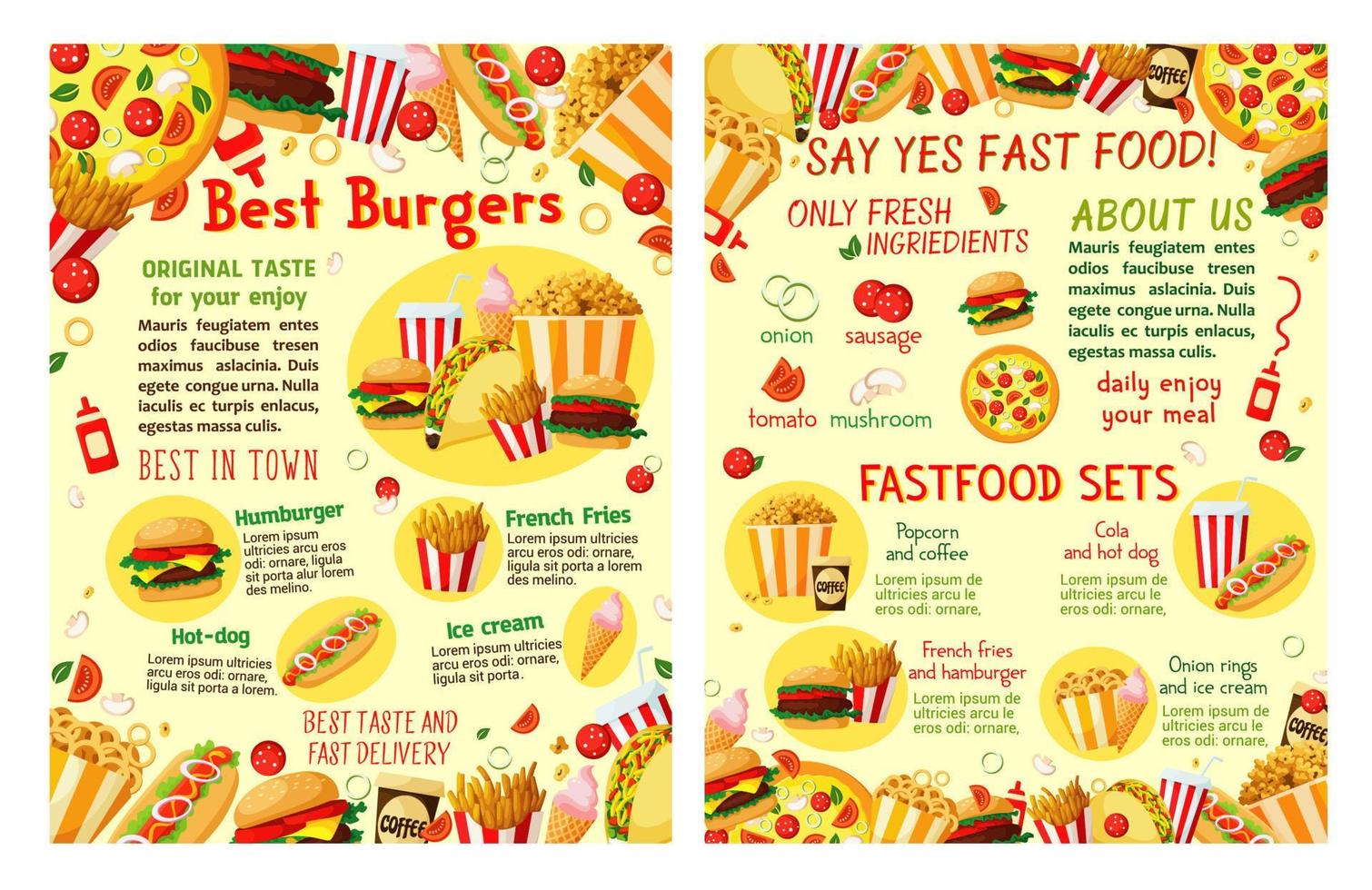 Fast-Food-Snacks und Essensrestaurant-Vektorposter vektor