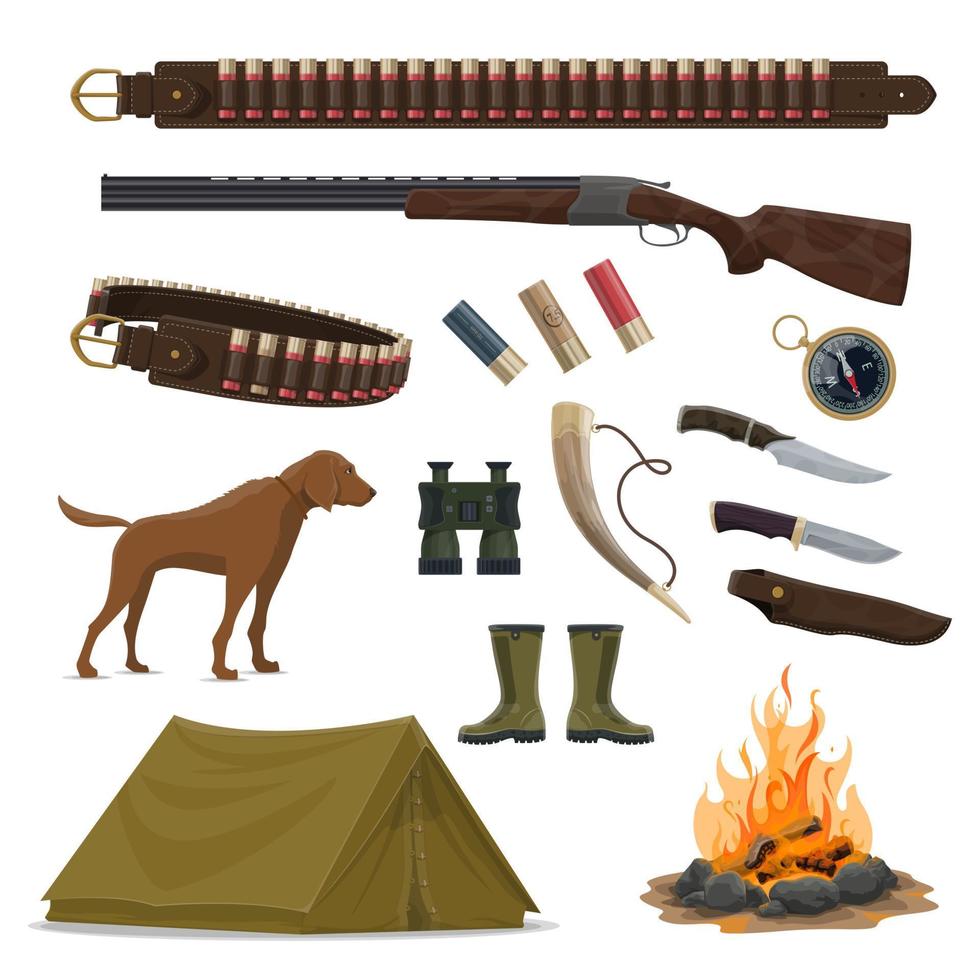 jägare vapen och Utrustning ikon av jakt design vektor