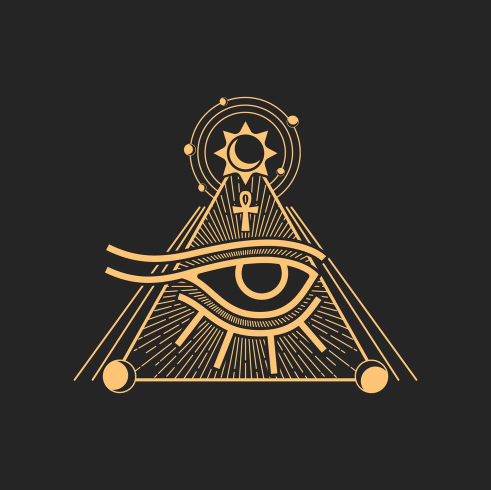 horus öga och egyptisk pyramid, korsa och Sol tecken vektor