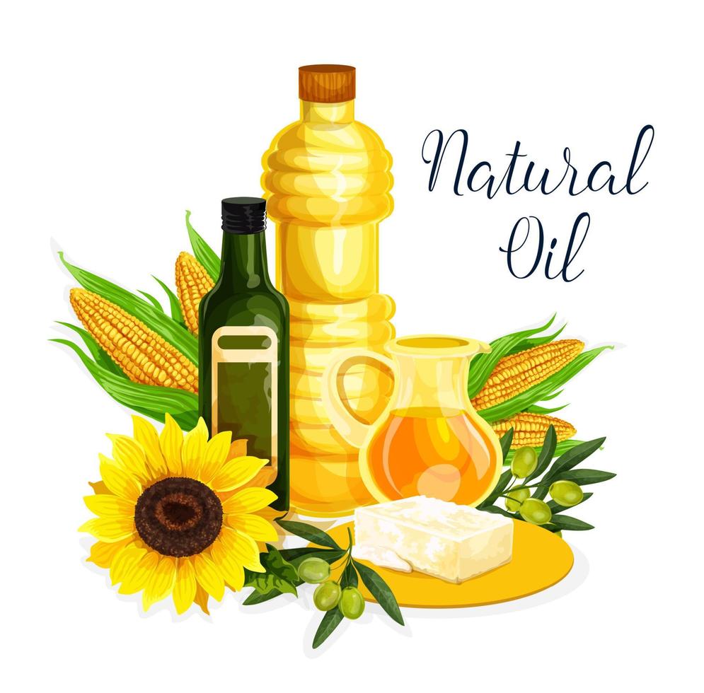 organisk olja affisch med oliv, majs och solros vektor