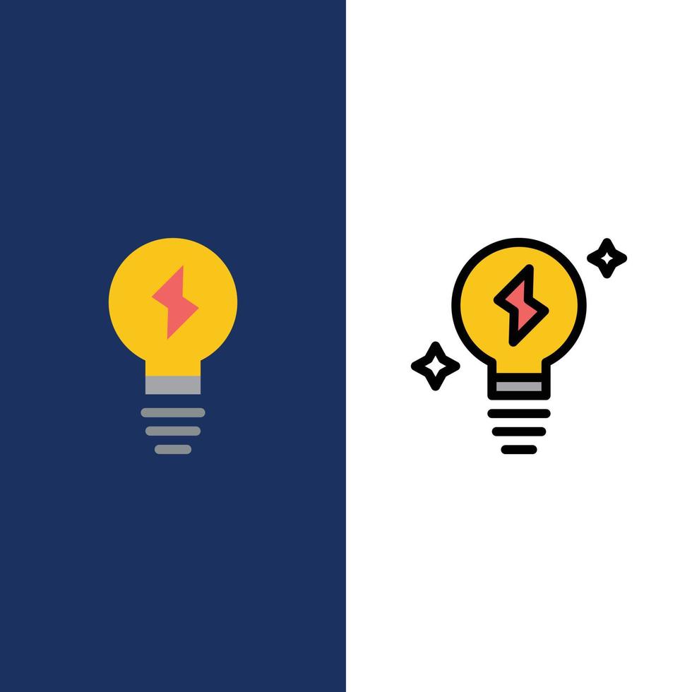 Glühbirne Licht Power Symbole flach und Linie gefüllt Icon Set Vektor blauen Hintergrund