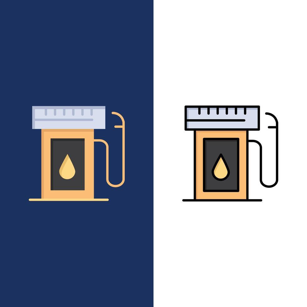 Benzinindustrie Öltropfen Symbole flach und Linie gefüllt Icon Set Vektor blauen Hintergrund