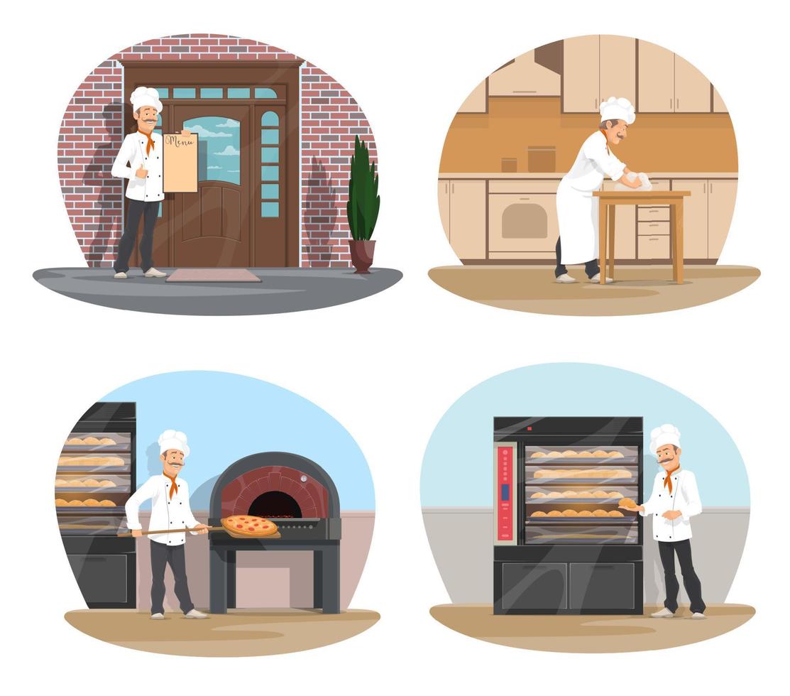 bagare, pizza och bakverk kock ikon av bageri design vektor