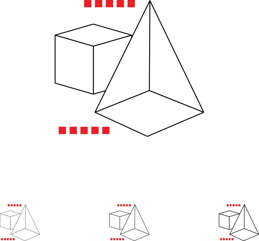 3D-Modell 3D-Box-Dreieck Fett und dünne schwarze Linie Symbolsatz vektor