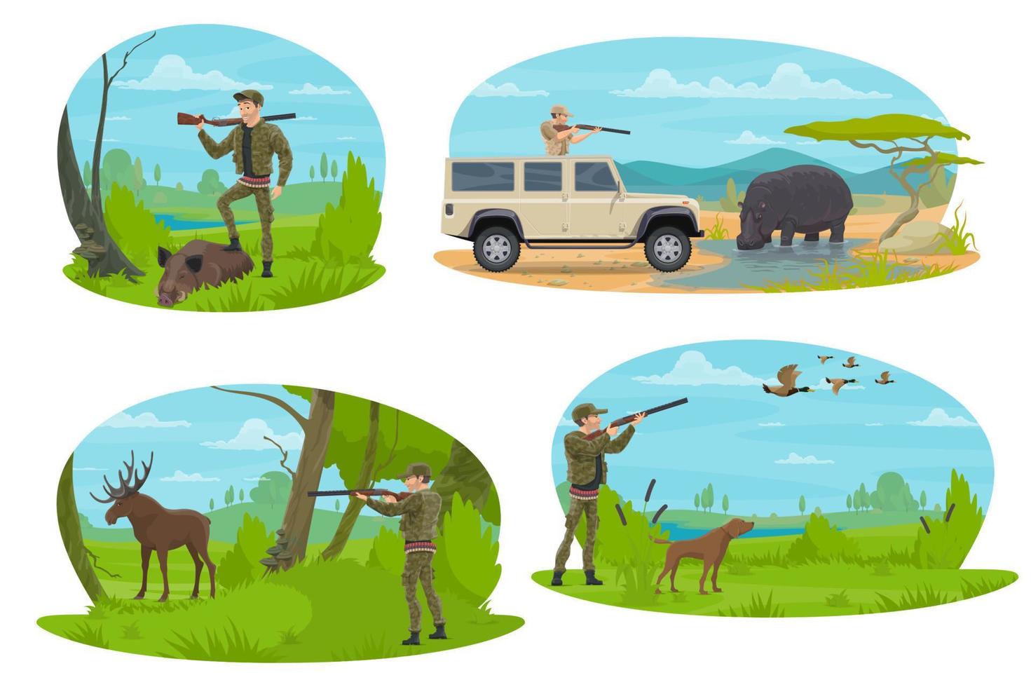 jägare siktar gevär på djur- tecknad serie ikon design vektor
