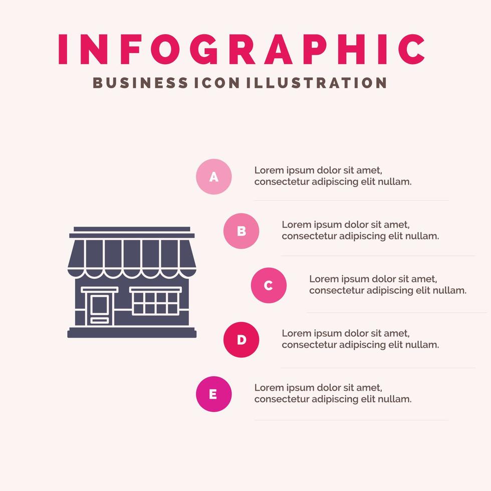 Shop Online-Markt Ladenbau solide Symbol Infografiken 5 Schritte Präsentationshintergrund vektor