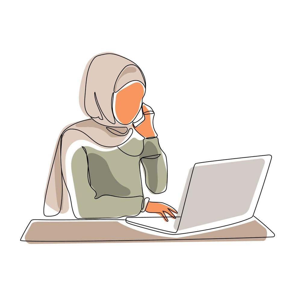 muslim kvinna i hijab användningar en bärbar dator och talar på de telefon minimalistisk liner vektor illustration.arab företag kvinna arbetssätt på en dator på Hem eller kontor.utbildning eller kontor arbete begrepp.