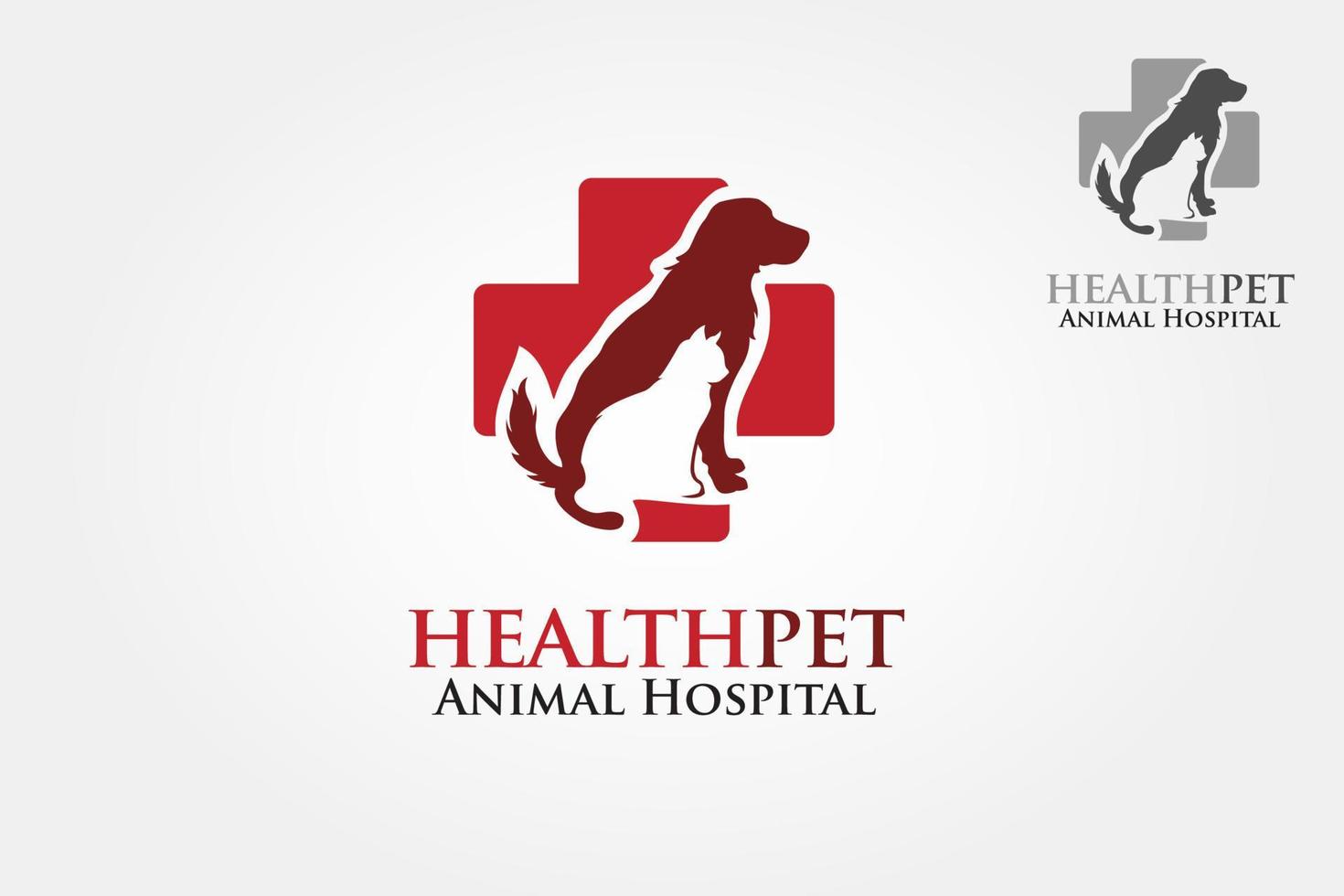Gesundheit Haustiere Vektor-Logo-Vorlage. Vektorsilhouetten von Katze und Hund auf dem Plakat für Veterinärgeschäft oder -klinik. vektor
