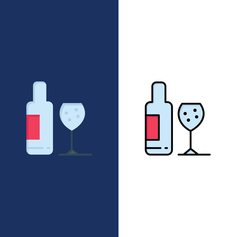 dryck flaska glas kärlek ikoner platt och linje fylld ikon uppsättning vektor blå bakgrund