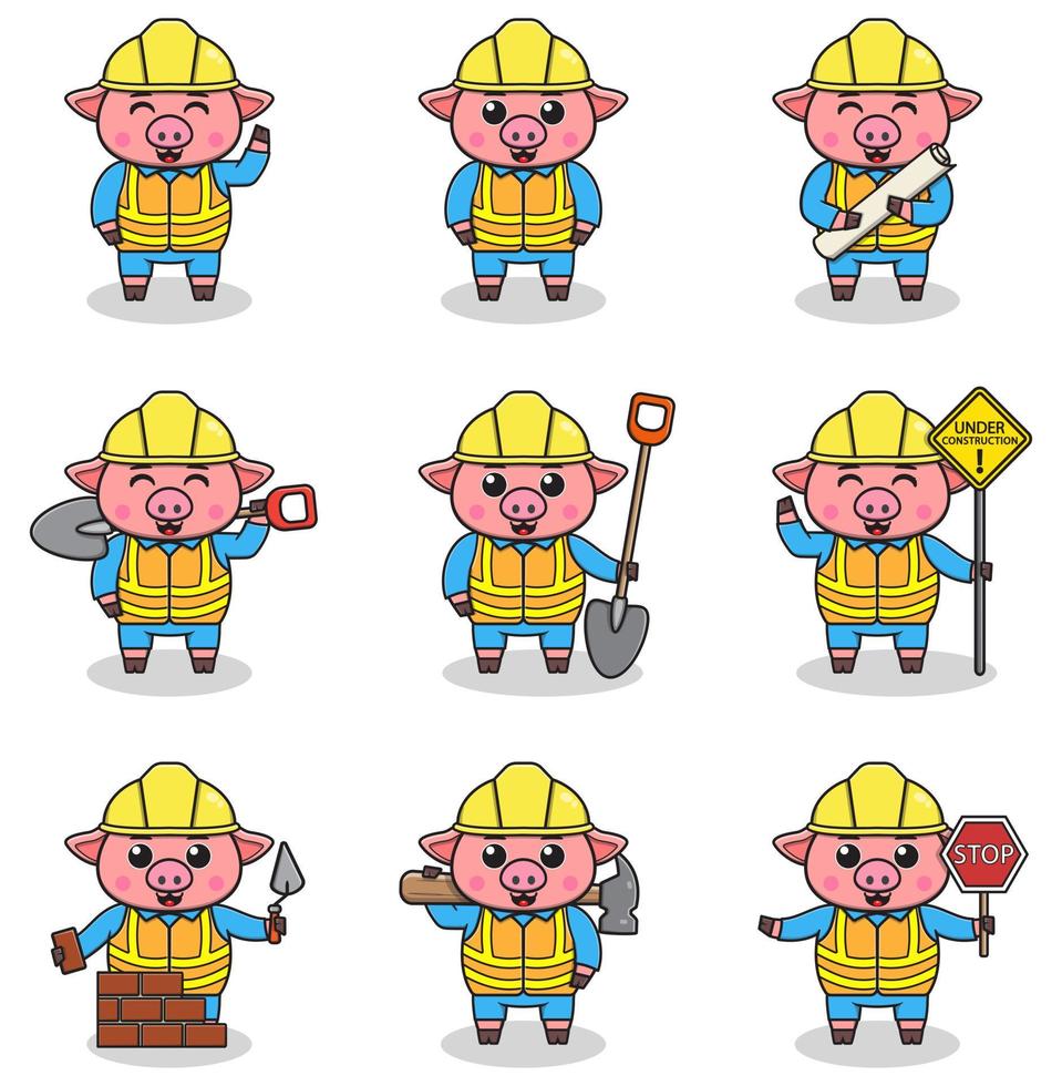 vektor illustration av gris karaktär på konstruktion webbplats. konstruktion arbetare i olika verktyg. tecknad serie gris tecken i hård hatt arbetssätt på byggnad webbplats vektor.