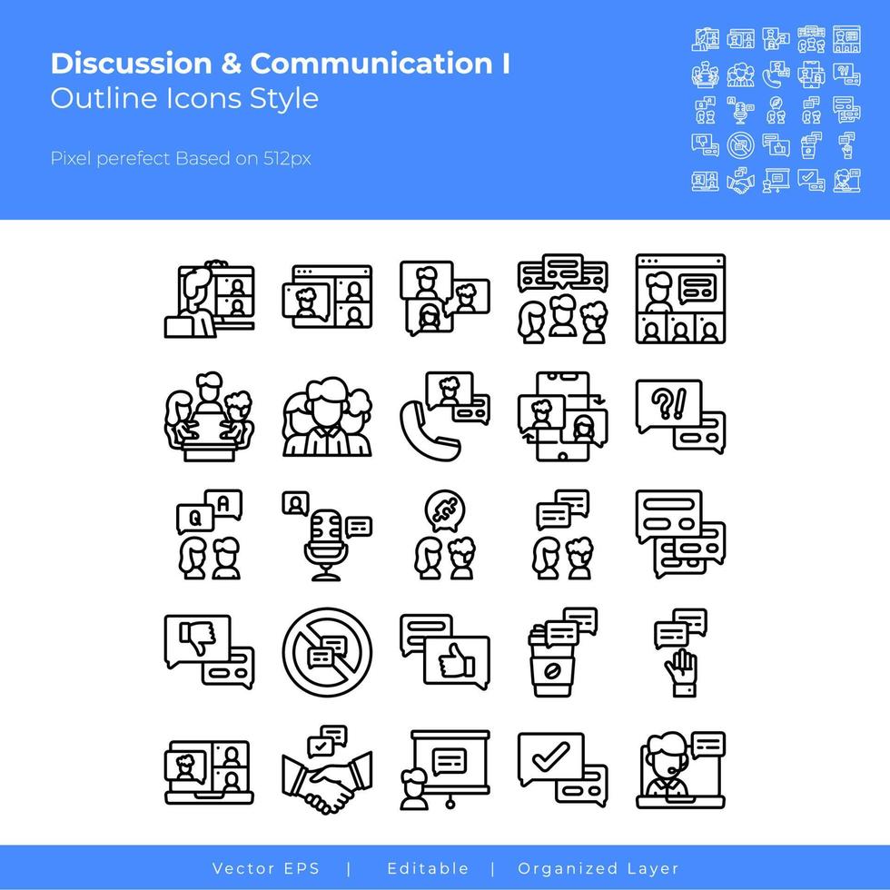 Symbolsatz für Diskussion und Kommunikation. Enthält solche Symbole, Diskussion, Konferenz, Video, Anruf, Kaffeepause, Chat vektor