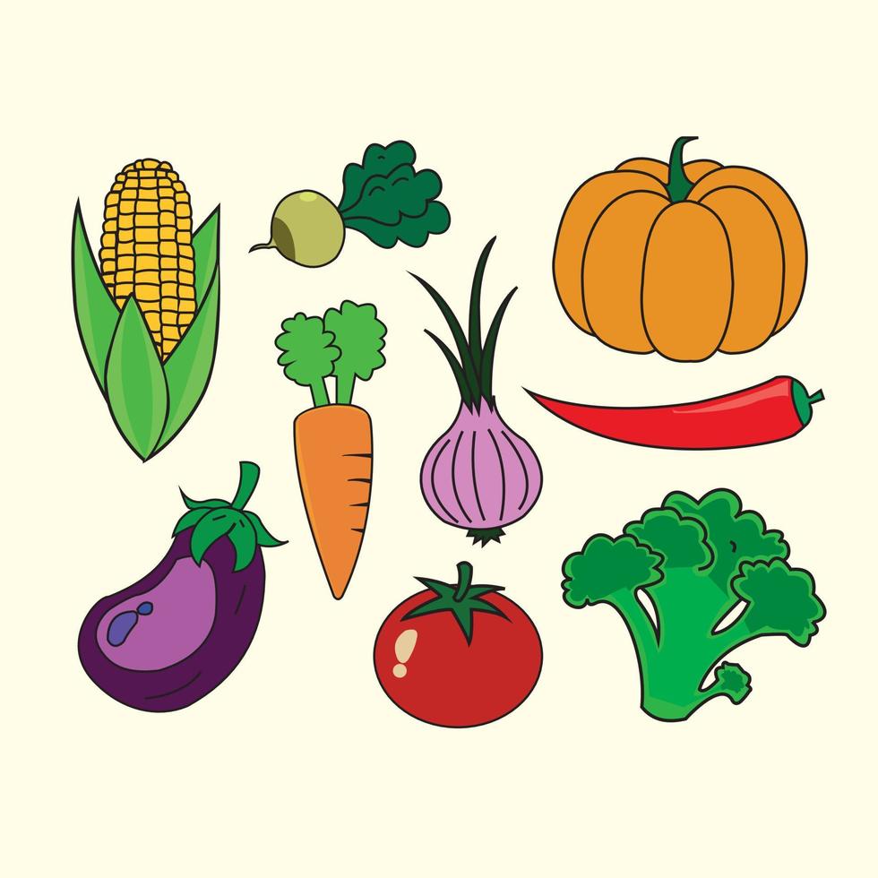 verschiedene arten von isoliertem farbgemüse. einschließlich Mais, Tomaten, Kohl, Chilis, Kürbis, Auberginen und Zwiebeln vektor