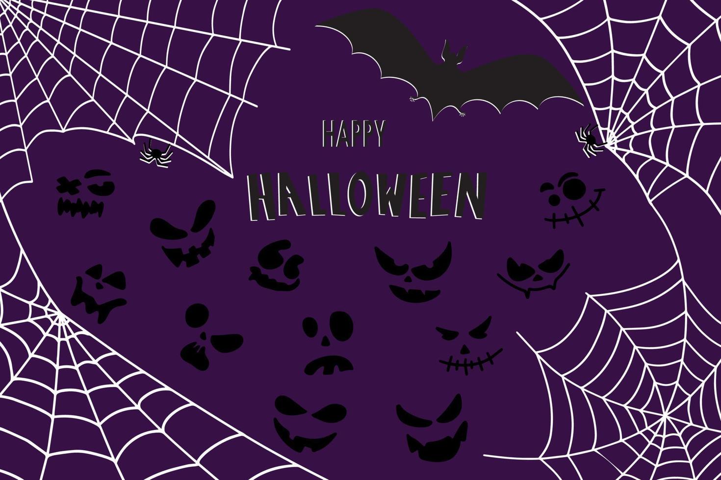 Fledermaus, Netz und Kürbisse. Halloween-Hintergrund mit Fledermaus und handgezeichneten Kürbissen. schwarz-weißer Hintergrund. vektor