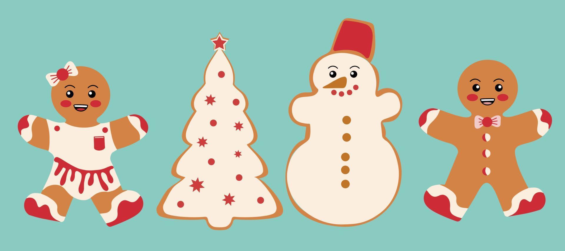 festliche kekse mit lebkuchenmännern, einem schneemann und einem weihnachtsbaum. Frohe Weihnachtsdekoration. Fröhliche Weihnachten. feier von neujahr und weihnachten vektor