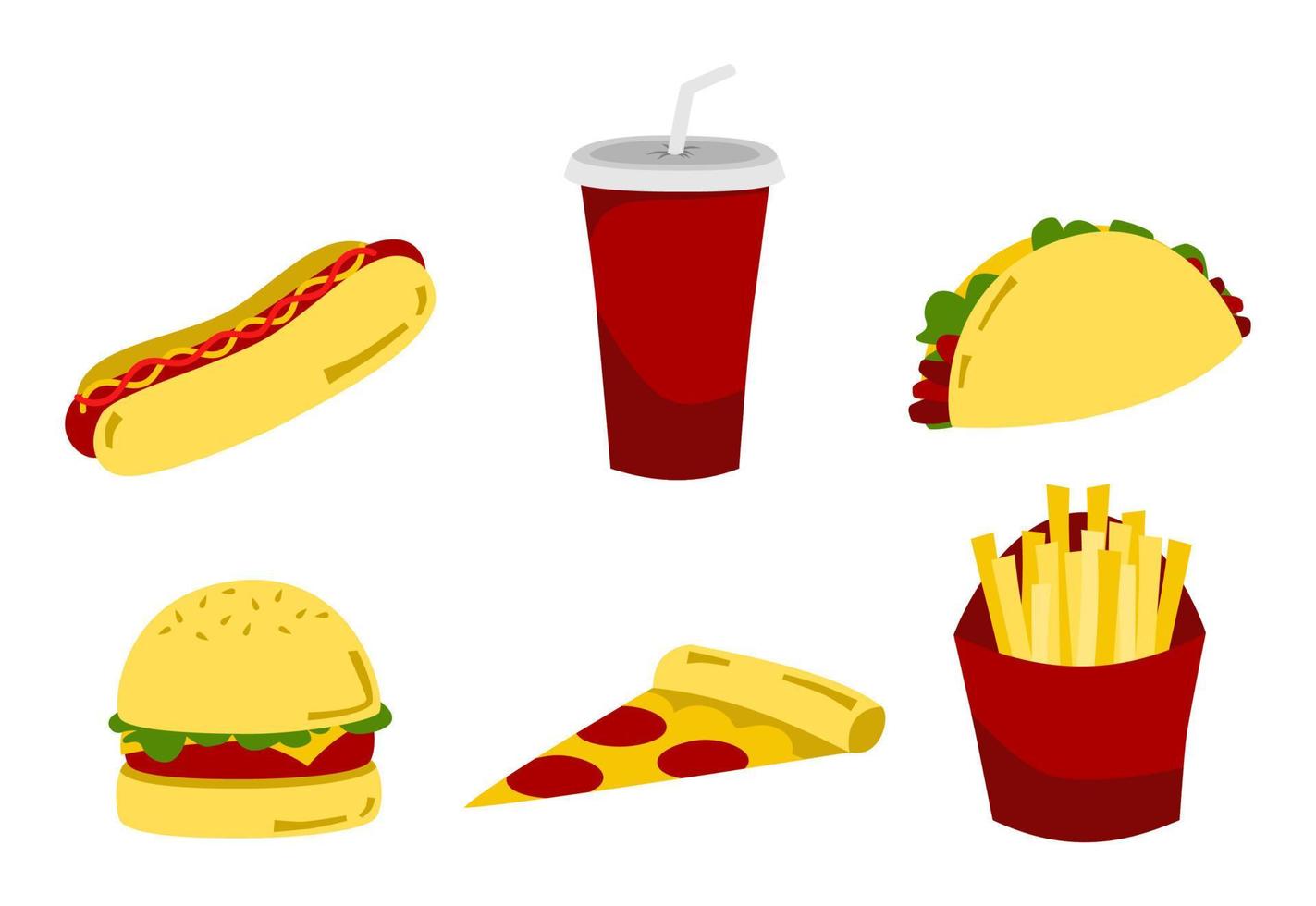 Eine Reihe von Fast Food oder Junk Food besteht aus Hotdogs, Tacos, Burger, Pizza, Pommes Frites und Limonade vektor