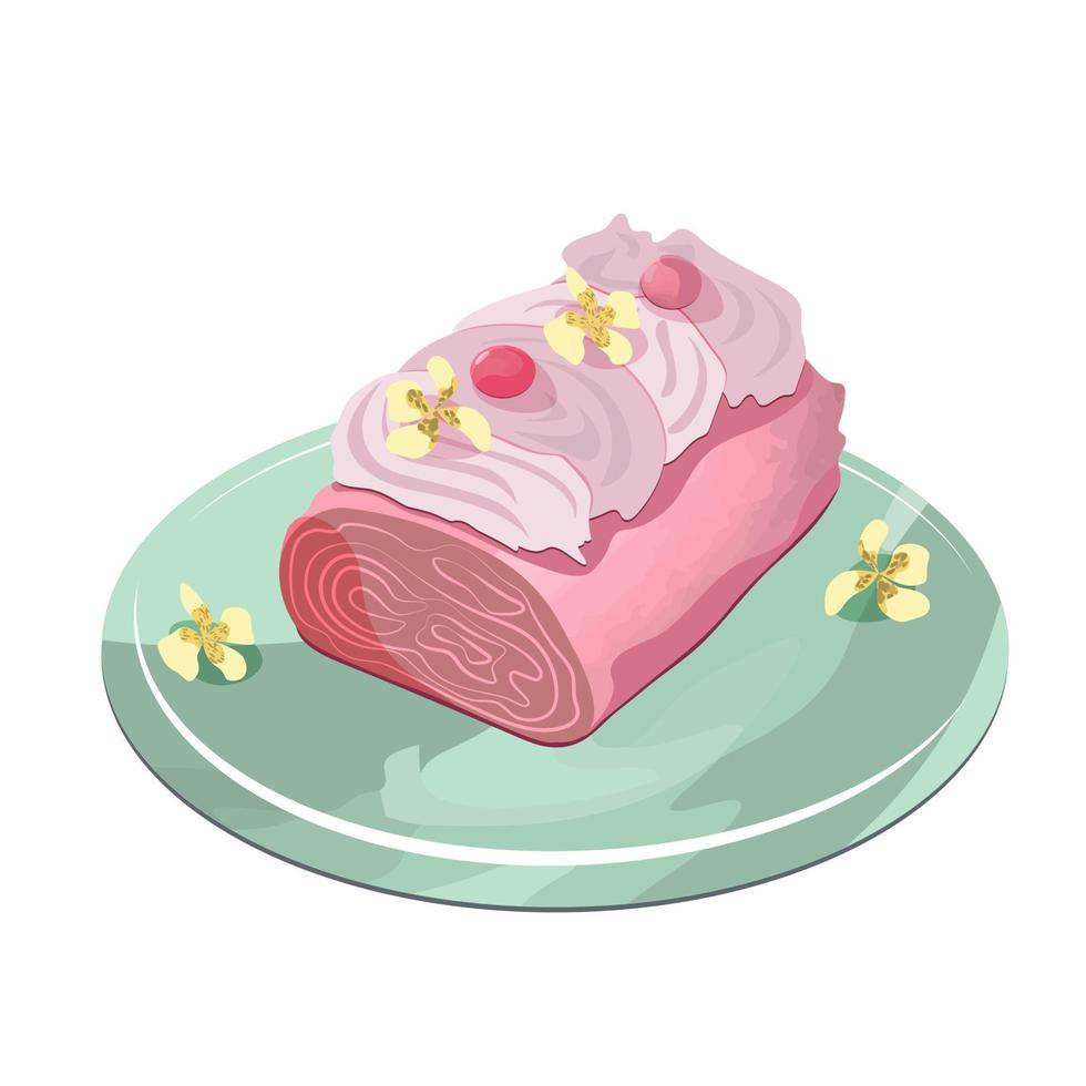 die ruhe des rosa kuchens mit creme und rosa beeren und gelben blumen vektor