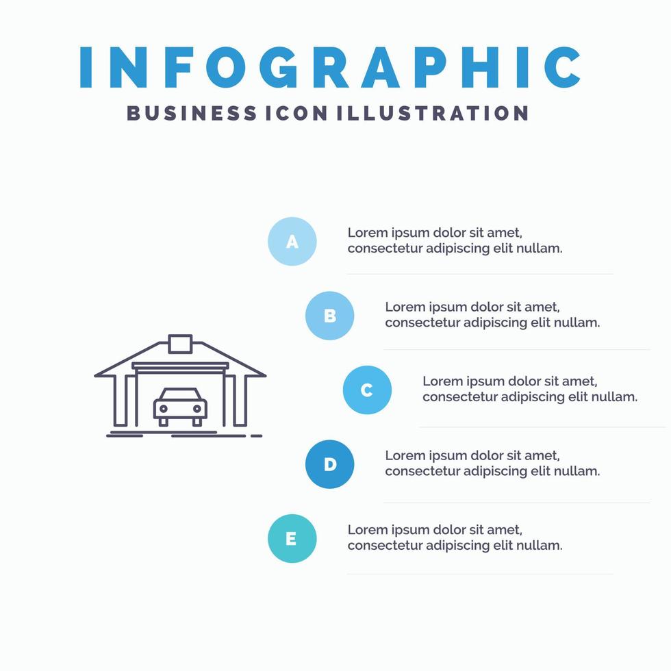 garage byggnad bil konstruktion linje ikon med 5 steg presentation infographics bakgrund vektor