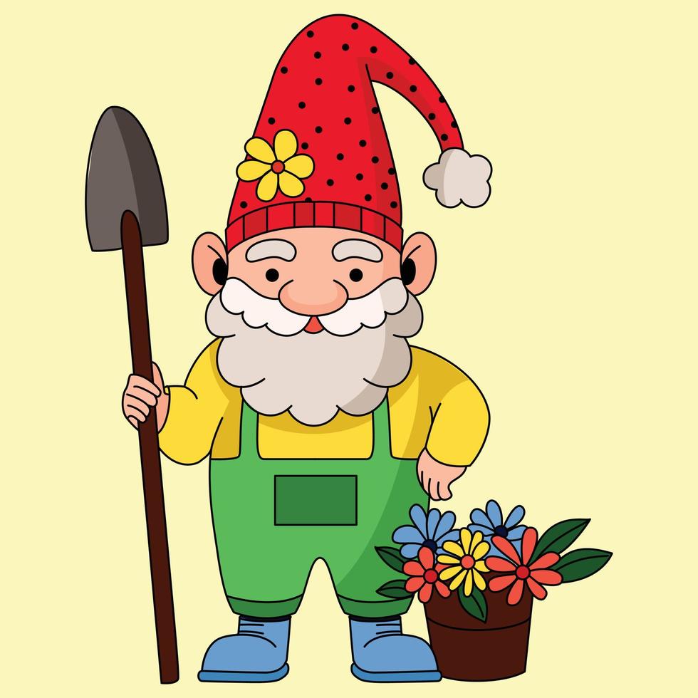 en söt gnome med en skyffel blomma hink och polka punkt mönster hatt färgrik vektor illustration