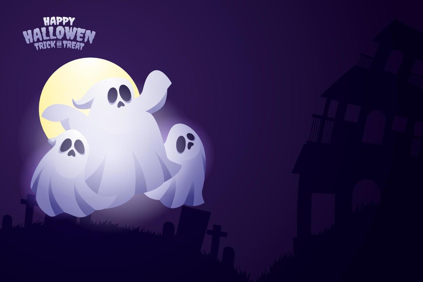 Fröhlicher Hallowen-Bannervektor, gespenstische Halloween-Hintergrundvorlage mit Geisterillustration für Grußkarten oder Social-Media-Beiträge vektor