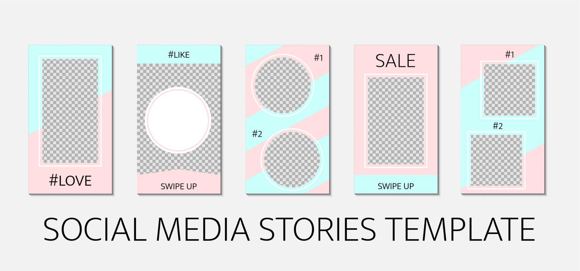 Vorlage für Social-Media-Geschichten. Set mit 5 Layouts für Storys für Blogger und SMM. rosa und blaue Pastellfarbpalette. Einfach zu bearbeitende Webbanner für mobile Anwendungen. vektor