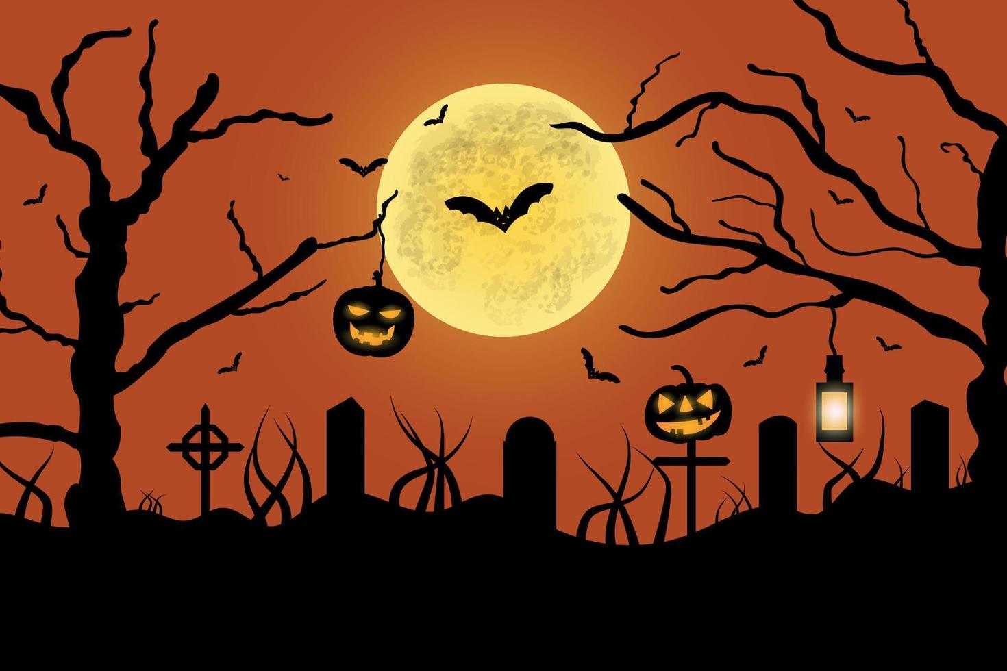 glücklicher halloween-nachthintergrund. Halloween-Kürbisse, Friedhof, gruselige Bäume und Spukhaus mit Horror-Halloween-Konzeptvektorillustration. vektor