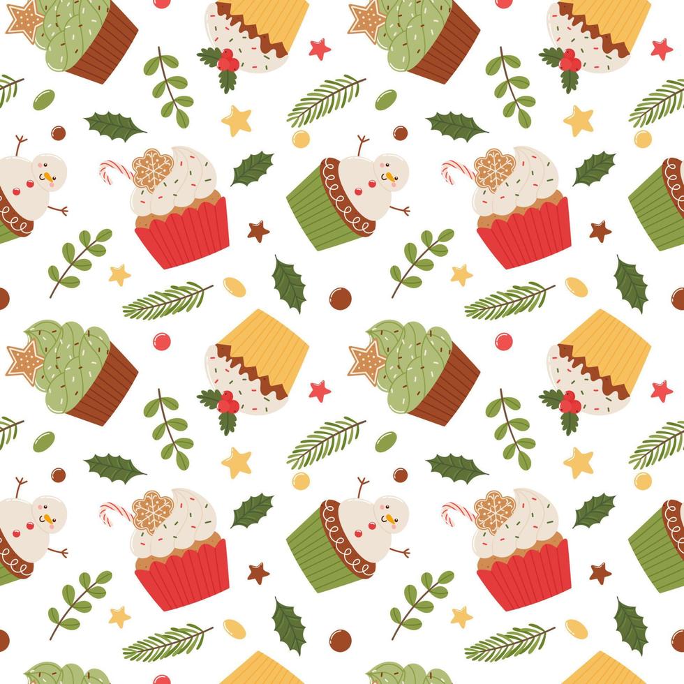 jul muffins sömlös mönster. sömlös mönster i en platt tecknad serie stil på en vit bakgrund. vektor illustration
