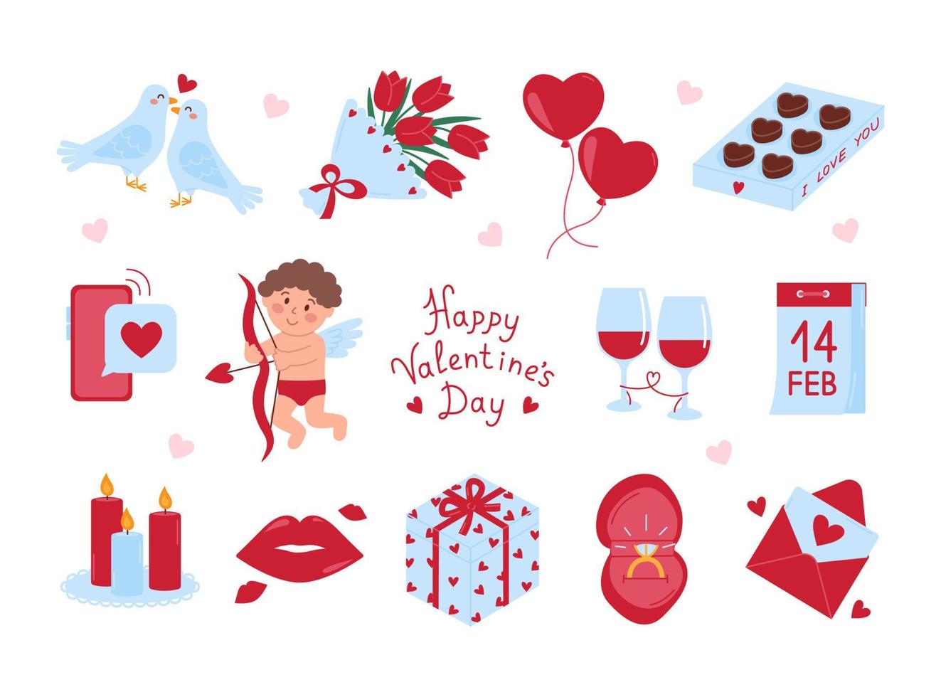 valentines dag uppsättning av romantisk element, klistermärken. hjärtan, blommor, gåva, godis, kyss och Övrig. söt ClipArt isolerat på vit bakgrund. vektor illustration