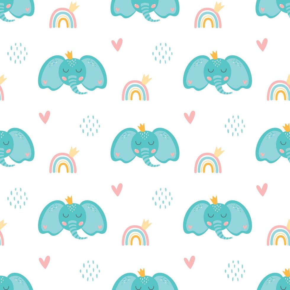 Baby-Elefanten-Muster. süßer elefant kopiert blauen elefantenkopf der karikatur mit krone, regenbogen, niedlichem tier. nahtloser Hintergrund. Nuersey-Kollektion für Kinder. Kindervektorillustration, Babytapete. vektor